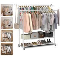 Portant à Vêtements à Roulettes 115 x 40 x 145 cm avec Double Tringle et Étagère de Rangement Porte-manteaux pour Chambre Buanderie LOEFME, Blanc