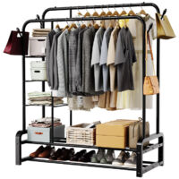 Porte-vêtements à double tige Portant 110 x 52 x 154 cm LOEFME - Porte-manteaux avec 3 plateaux et 4 crochets et 2 étagère à chaussures de rangement - Noir