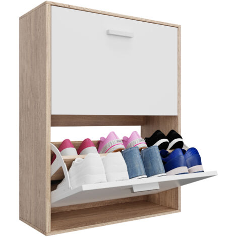 CASABEL Meuble Rangement Chaussure 12 Paires - Pour Entree Couloir - 60x24x80 cm - Blanc Bois Clair (1/5)