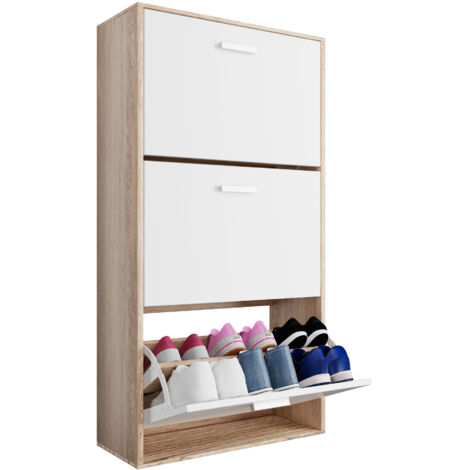 CASABEL Meuble Rangement Chaussure 18 Paires - Pour Entree Couloir - 60x24x113 cm - Blanc Bois Clair (1/5)