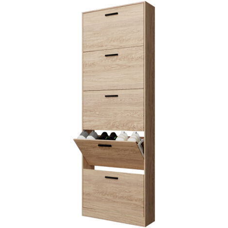 CASABEL Meuble Rangement Chaussure 15 Paires - Pour Entree Couloir - 60x17x180 cm - Bois Clair