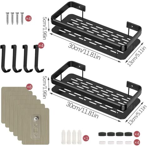 Stück Duschregal ohne Bohren, schwarzes Badezimmerregal, Platz aus Aluminium mit 4 Haken und 6 Klebstoffen, Badezimmeraufbewahrung ohne Bohren oder Bohren, Duschregal für Küche und Bad (1/4)
