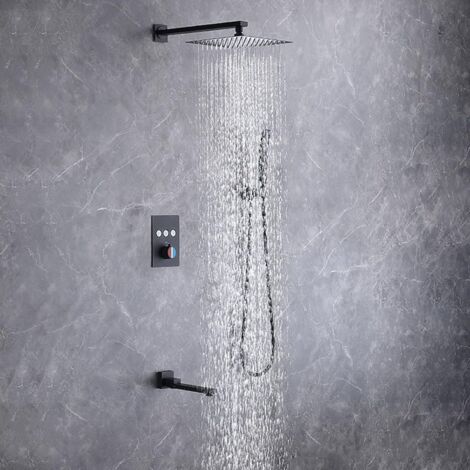 ROVATE Système de panneau de tour de douche cascade en acier inoxydable 304 avec 5 jets de massage corporel et 3 ensembles de douche à main, colonne de douche murale Noir