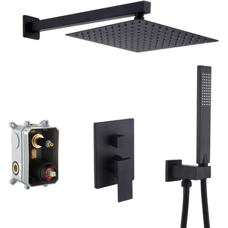 Set doccia nero, kit doccia a pioggia a 3 funzioni, soffione doccia portatile da 10 pollici, incluso corpo valvola grezzo e miscelatore di finitura, sistema doccia quadrato - Colonna doccia termostati