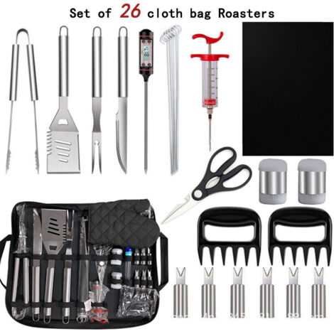 Kit di utensili per barbecue in acciaio inossidabile da 26 pezzi con borsa portaoggetti, set portatile per barbecue all'aperto, regalo ideale per barbecue per uomini (1/5)