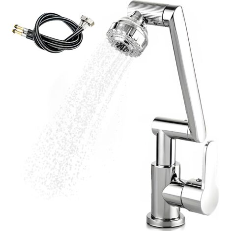 Rubinetto da cucina, doccetta estraibile, getto regolabile a 1080°, 2 modalità di getto, miscelatore con tubo flessibile di collegamento acqua calda/fredda da 60 cm - Argento (1/5)
