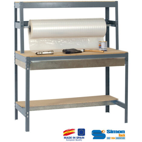 SimonRack Banco da Imballaggio con Cassetto Telescopico e Barra Porta-Rotoli – Portata 400 kg – 1445x910x760 mm – Tavolo Fai da Te – Grigio/Legno – BT-4