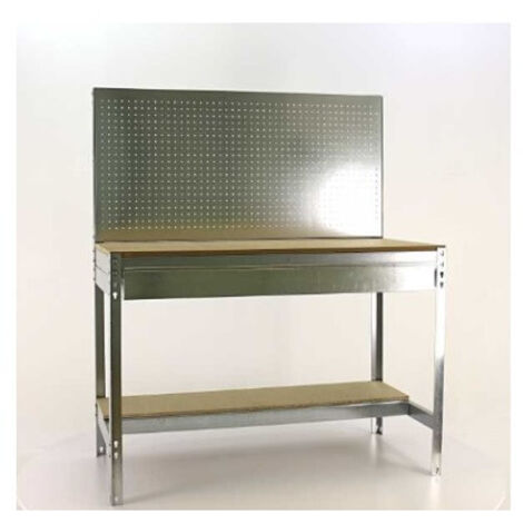 SimonRack Banco da Lavoro con Cassetto a Guide Telescopiche e Pannello Forato – Portata 400 kg – 1445x910x610 mm – Postazione Fai da Te Officina – Zincato/Legno – BT-2