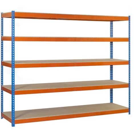 SimonRack Scaffale Industriale, 2000x1800x450 mm, 5 Ripiani in Legno, Portata 400 kg per Ripiano, Scaffale Carichi Pesanti, Blu/Arancione/Legno – Ecoforte