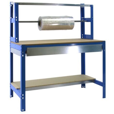SimonRack Banco da Imballaggio con Cassetto Telescopico e Barra Porta-Rotoli – Portata 400 kg – 1445x910x760 mm – Tavolo Fai da Te – Blu/Legno – BT-4