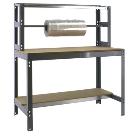 SimonRack Banco da Imballaggio con Barra Porta-Rotoli – Portata 600 kg – 1445x1210x760 mm – Tavolo da Lavoro Fai da Te – Grigio/Legno – BT-4