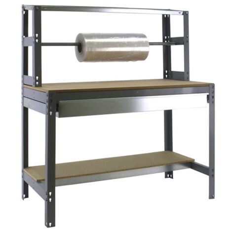 SimonRack Banco da Imballaggio con Cassetto Telescopico e Barra Porta-Rotoli – Portata 600 kg – 1445x1510x760 mm – Tavolo Fai da Te – Grigio/Legno – BT-4