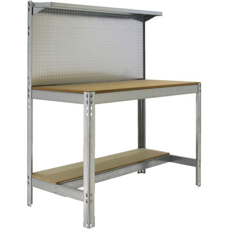 SimonRack Banco da Lavoro con Pannello Forato e Ripiano Superiore – Portata 400 kg – 1445x910x610 mm – Tavolo Officina Fai da Te – Zincato/Legno – BT-3
