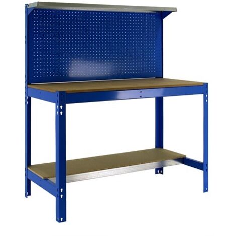 SimonRack Banco da Lavoro con Pannello Forato e Ripiano Superiore – Portata 600 kg – 1445x1510x610 mm – Tavolo Officina Fai da Te – Blu/Legno – BT-3