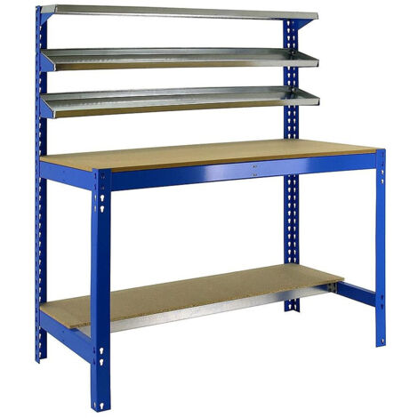 SimonRack Banco da Lavoro con 3 Ripiani Superiori – Portata 600 kg – 1445x1210x610 mm – Postazione Officina Fai da Te – Blu/Legno – Bt-1
