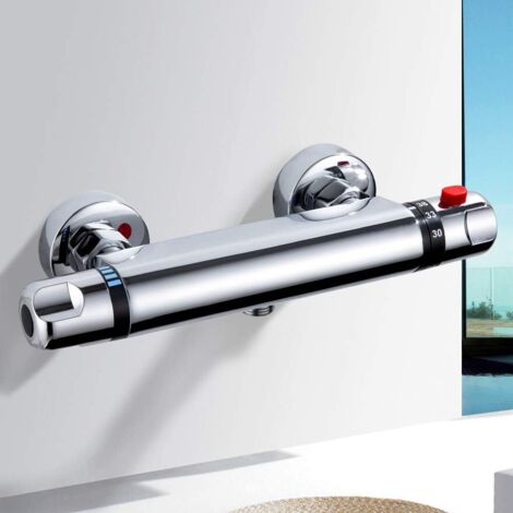 Mezclador termostático de ducha, grifo termostático de ducha, termostato con regulación de temperatura y caudal con pulsador de seguridad a 38°C, cromado - Mezcladores de ducha RWShower