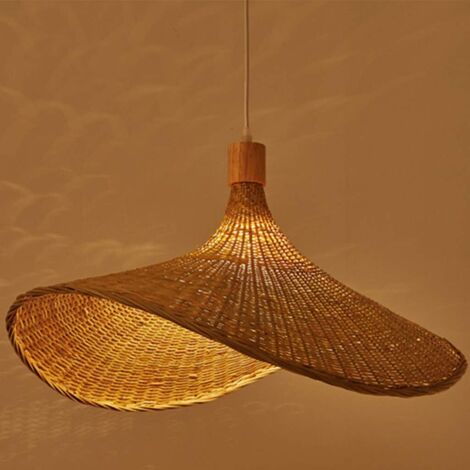 Lámpara colgante de techo de bambú natural tejida a mano con forma de sombrero de paja estilo francés, con rosca E27, para comedor, salón de té, 50 cm - RWSuspension