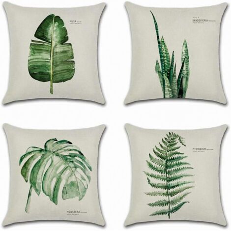Juego de 4 fundas de cojín de 45 x 45 cm, de algodón y lino, decorativas para coche, sofá, hogar (hoja verde individual)