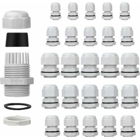 Paquete de 25 prensaestopas impermeables - Ajustables - PG7, PG9, PG11, PG13,5 y PG16 - Conectores de cable - Tuercas de relleno - Juntas de plástico con arandela - Blanco
