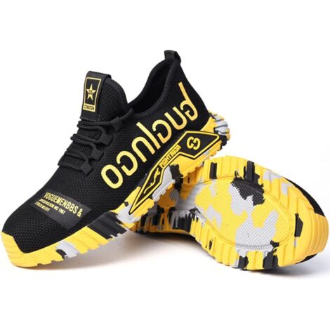 Zapatos de seguridad para hombre, zapatillas ligeras con punta de acero, zapatillas industriales transpirables para mujer, zapatillas de malla transpirable, amarillo 43 (1/5)