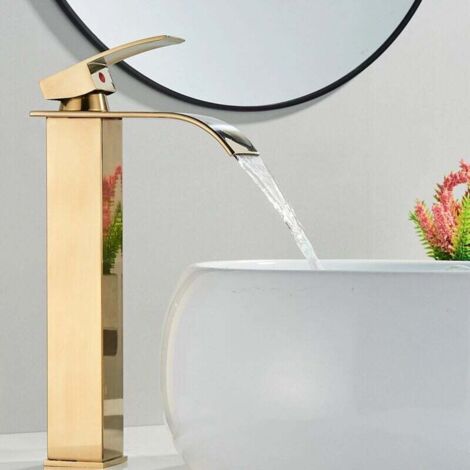 Grifo para lavabo de baño - Grifo de cascada dorado con caño alto, grifo de cascada de agua caliente y fría, grifo de baño ajustable de acero inoxidable (1/2)