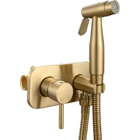 Juego de ducha bidet de acero inoxidable con agua fría y caliente incorporada, acabado dorado.