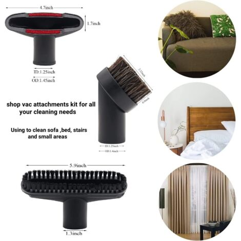 Juego de 9 cepillos para aspiradora de taller con adaptador de manguera de aspiradora de 1 1/4" a 1 3/8" y adaptador Dyson V6, kit de cepillos accesorios de limpieza para el hogar (1/4)