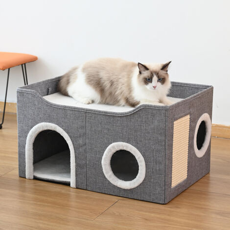 Cama/casa para gatos de interior. Caseta con cojín acolchado extraíble y lavable, ideal para que duerman, se escondan, jueguen y arañen (gris, 55 x 40 x 40 cm) (1/2)