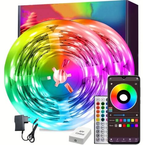 Tira de luces LED para dormitorio de 30 m, multicolor, decorativa, RGB, regulable, con control remoto, aplicación Bluetooth, música para fiestas, hogar y sala de estar [Clase energética F] (1/5)