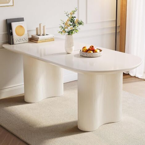 Table de salle à manger elliptique 6 places – Bois d'ingénierie blanc crème – 160 cm x 80 cm x 75 cm – Pour cuisine, bar, salon