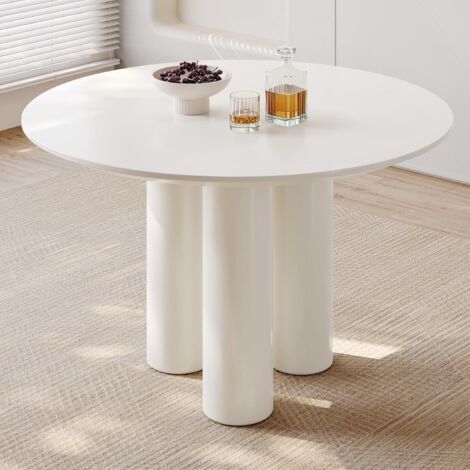 Table ronde moderne 4 places 117 cm – Bois d'ingénierie blanc crème – Pieds cylindriques robustes – Facile à nettoyer et à assembler