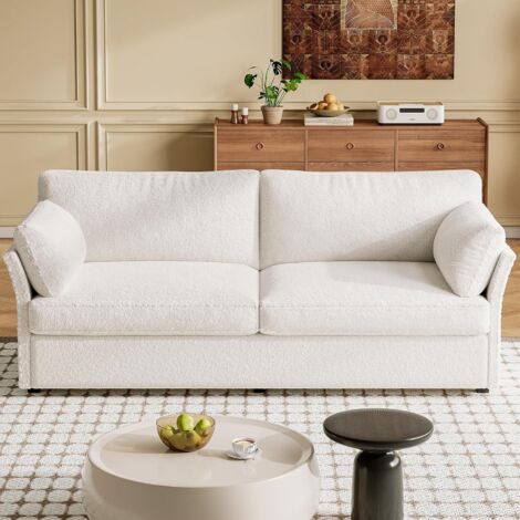 Canapé droit 2 places tissu bouclé effet Teddy – Confort optimal avec mousse haute densité – 55,8 pouces blanc cassé – Facile à assembler