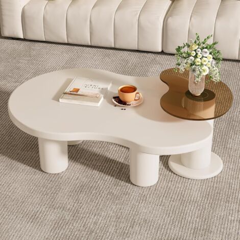 Guyii Lot de 2 Tables Basses Modernes 2 en 1 de 104 cm, Tables Gigognes de Forme Irrégulière avec Plateau en Verre, pour Salon, Chambre, Bureau, Petits Espaces, Montage Facile, Blanc Crème