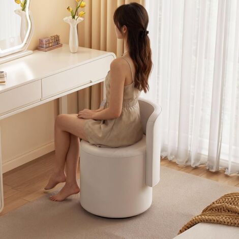 Tabouret rond avec dossier en cuir PU beige gris – Siège moderne et confortable pour coiffeuse – Dimensions 45x45x68,5 cm – Design élégant