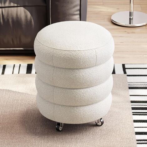 Guyii Tabouret de Coiffeuse Rembourré avec roulettes, Pouf Rond Pivotant à 360°, Siège à Maquillage Blanc Crème avec Coussin Doux et Confortable, Siège Compact à roulettes