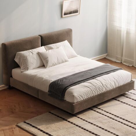 Lit Double 180x200 cm avec Sommier à Lattes Bois, Cadre de Lit en Velours Marron Foncé, Tête de Lit Rembourrée, Lit Design Moderne pour Chambre à Coucher (sans Matelas)