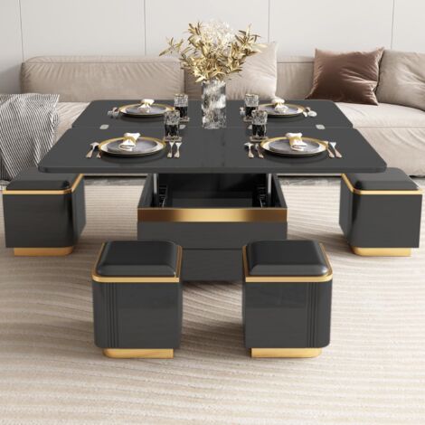 Guyii Table Basse Moderne avec Plateau en Verre, Table Centrale à Rehaussement avec 4 Tabourets de Rangement, Tables de Salle à Manger Extensibles pour Salon