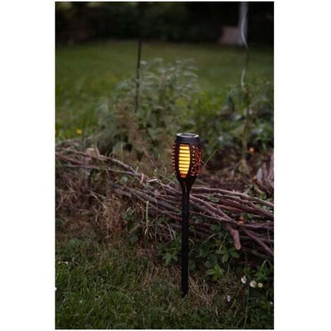 Torche solaire à LED vacillante 70cm, flamme sans danger, Résine noire ajourée, ambiance chaleureuse