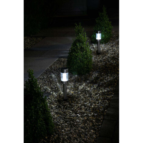 Balise solaire inox 42 cm, verre rainuré, halo lumineux ao sol, à planter ou poser, design moderne (1/5)