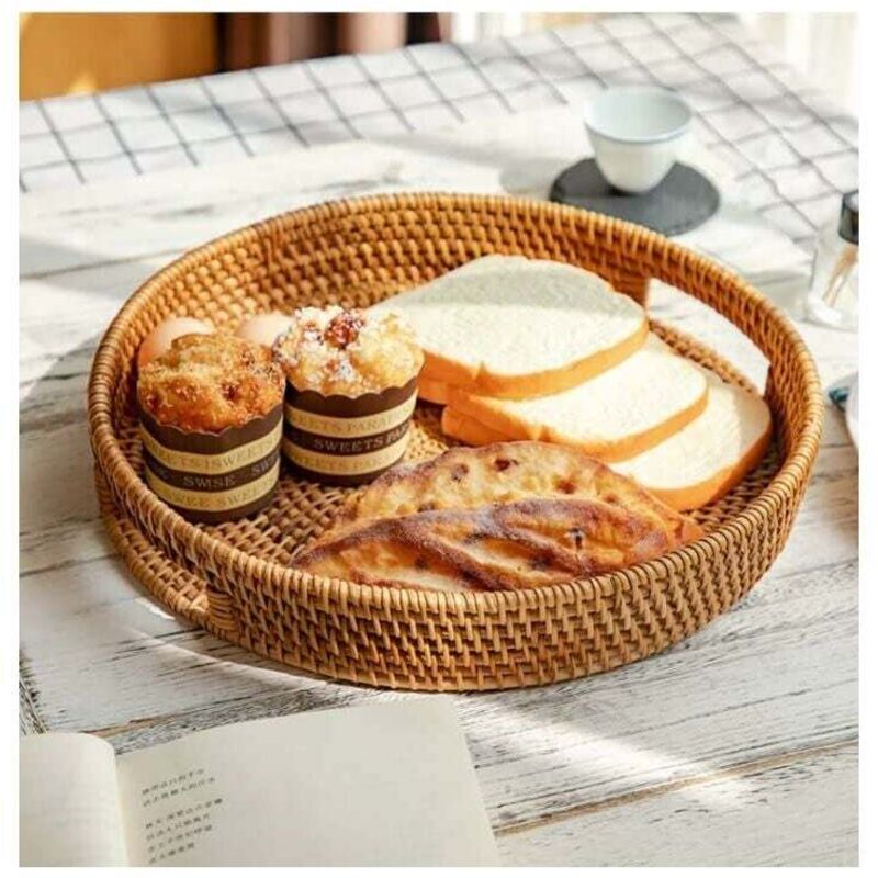 Plateau Service En Bois Rotin Avec Poignées - 30.5 X 23 X 6.5 Cm Pour Petit Déjeuner Et Fruits