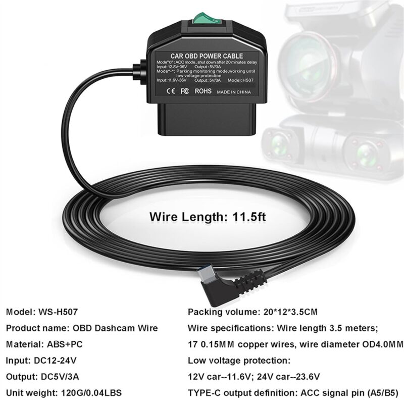 Câble OBD Pour Caméra Embarquée - Type C, 12-24V Vers 5V, 3,5m - Alimentation 24h Avec Protection Batterie