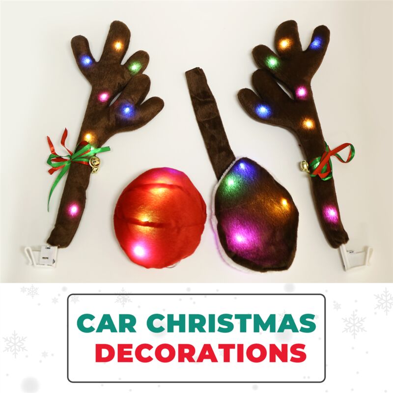 Kit Décorations Noël Voiture – Cornes LED, Nez Rouge, Queue, Peluche, 3 Modes Clignotants - 9
