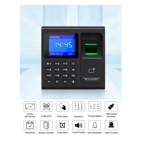 Machine D'Empreintes Digitales + 10 Cartes RFID - Enregistreur De Présence, Horloge Électrique, Clavier, USB, Capacité 1000 Utilisateurs Et 100000 Logs