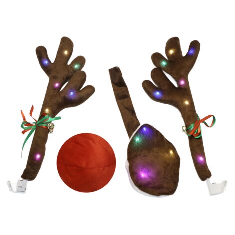 Kit Décorations Noël Voiture – Cornes LED, Nez Rouge, Queue, Peluche, 3 Modes Clignotants - 6