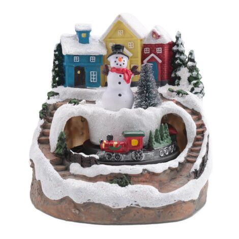 Village De Noël Lumineux Et Musical Avec Train - Maisons, Arbres, Neige, Résine, 13x12x14 Cm