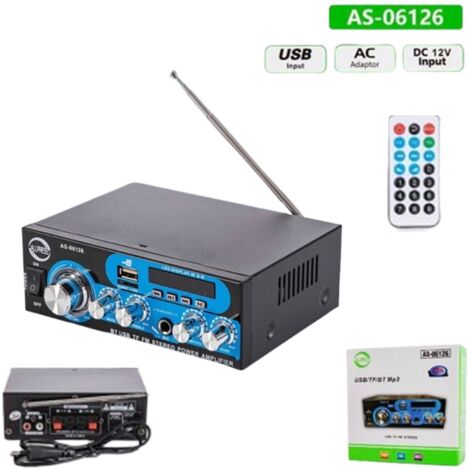 AMPLIFICATEUR AUDIO STÉRÉO 2 CANAUX FM USB SD MP3 MICROPHONE KARAOKÉ AS-06126