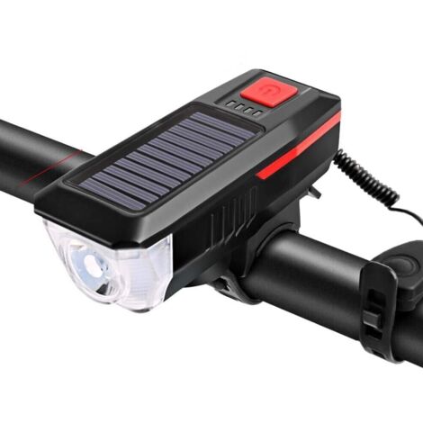 PHARE DE VÉLO À LED RECHARGEABLE À ÉNERGIE SOLAIRE, PHARE AVANT, KLAXON USB (1/5)