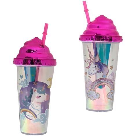 GOBELET EN PLASTIQUE AVEC PAILLE 380 ML, MOTIF LICORNE ROSE, EAU (1/3)