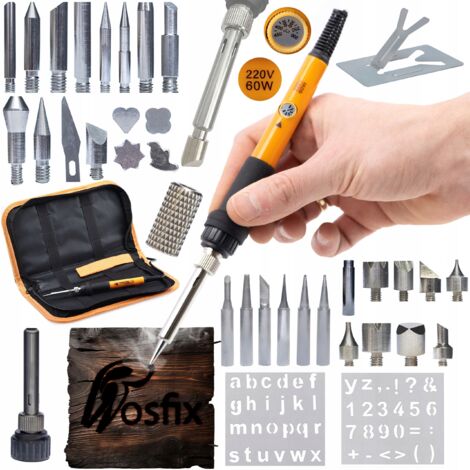 Rosfix Ensemble fer à souder précis avec Rosfix Orange Pitbull OP60W + 30 éléments pour pyrogravure + Organisateur (trousse) pour outils 265x140x50mm