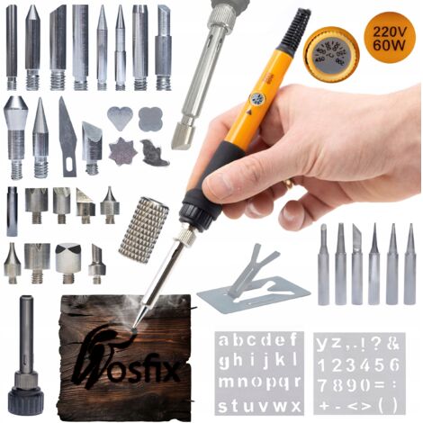 Rosfix Ensemble 8 en 1 fer à souder précis avec potentiomètre Rosfix Orange Pitbull OP60W Série Electric S + 30 éléments pour pyrogravure (1/5)